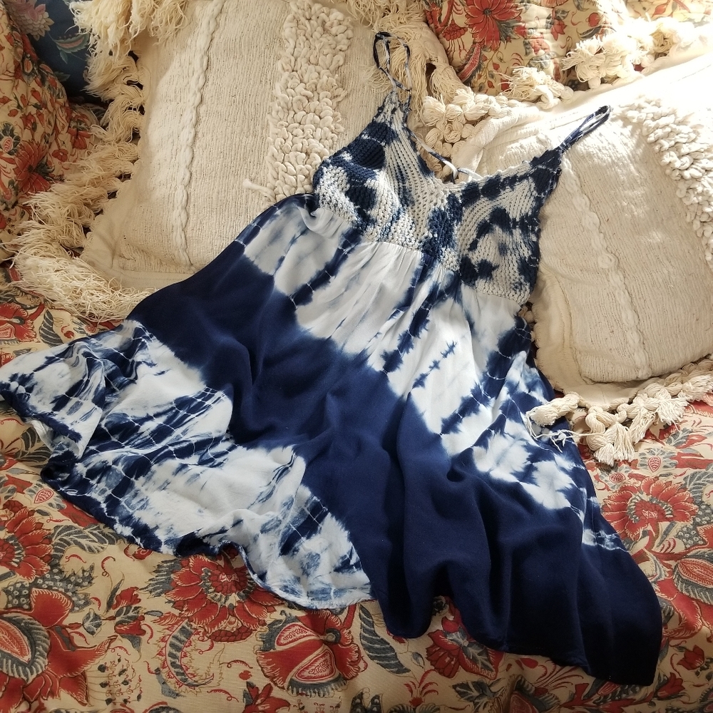 Crochet Tie Dye Babydoll Swing Mini Dress Blue White Beach Medium Bohemian